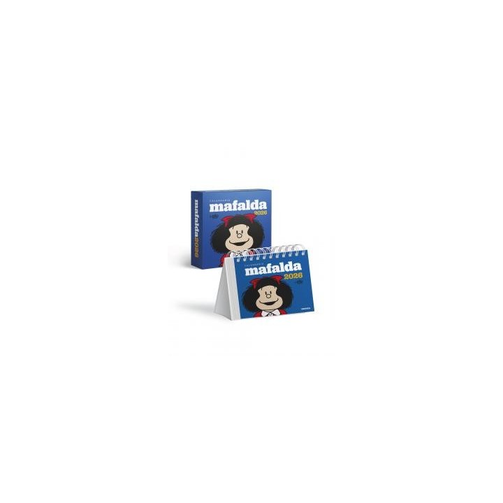 Mafalda 2026, calendario escritorio azul con caja