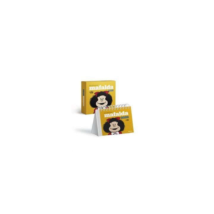 Mafalda 2026, calendario escritorio amarillo con caja