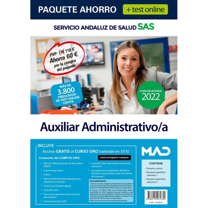 PAQUETE AHORRO Y TEST ONLINE AUXILIAR ADMINISTRATIVO/A SERV