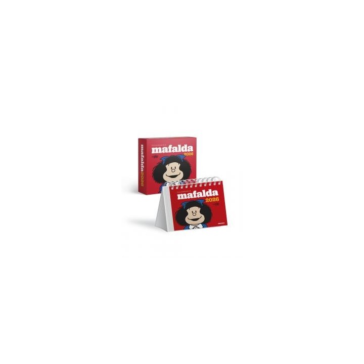 Mafalda 2026, calendario escritorio rojo con caja